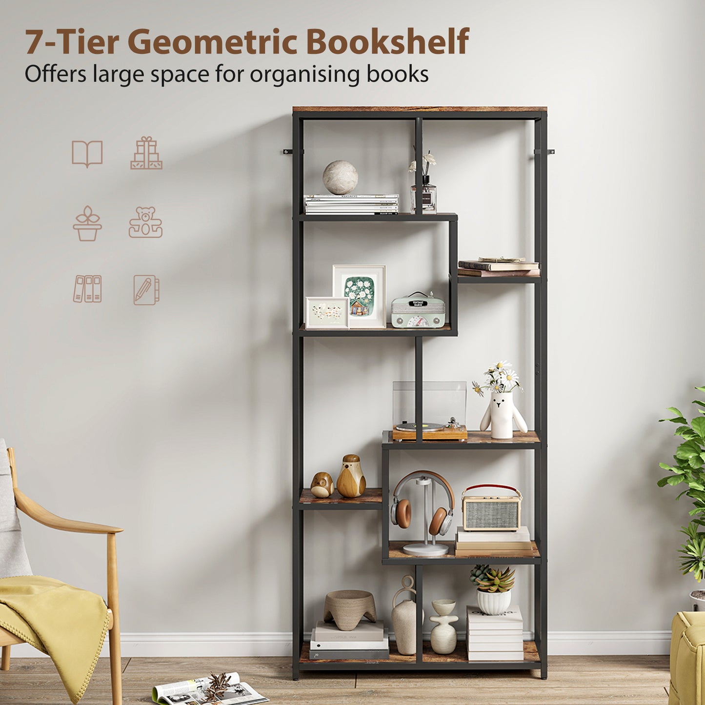 Industrial Bookcase 7-Tier Bookshelf Shelving Unit Rustic Brown Black