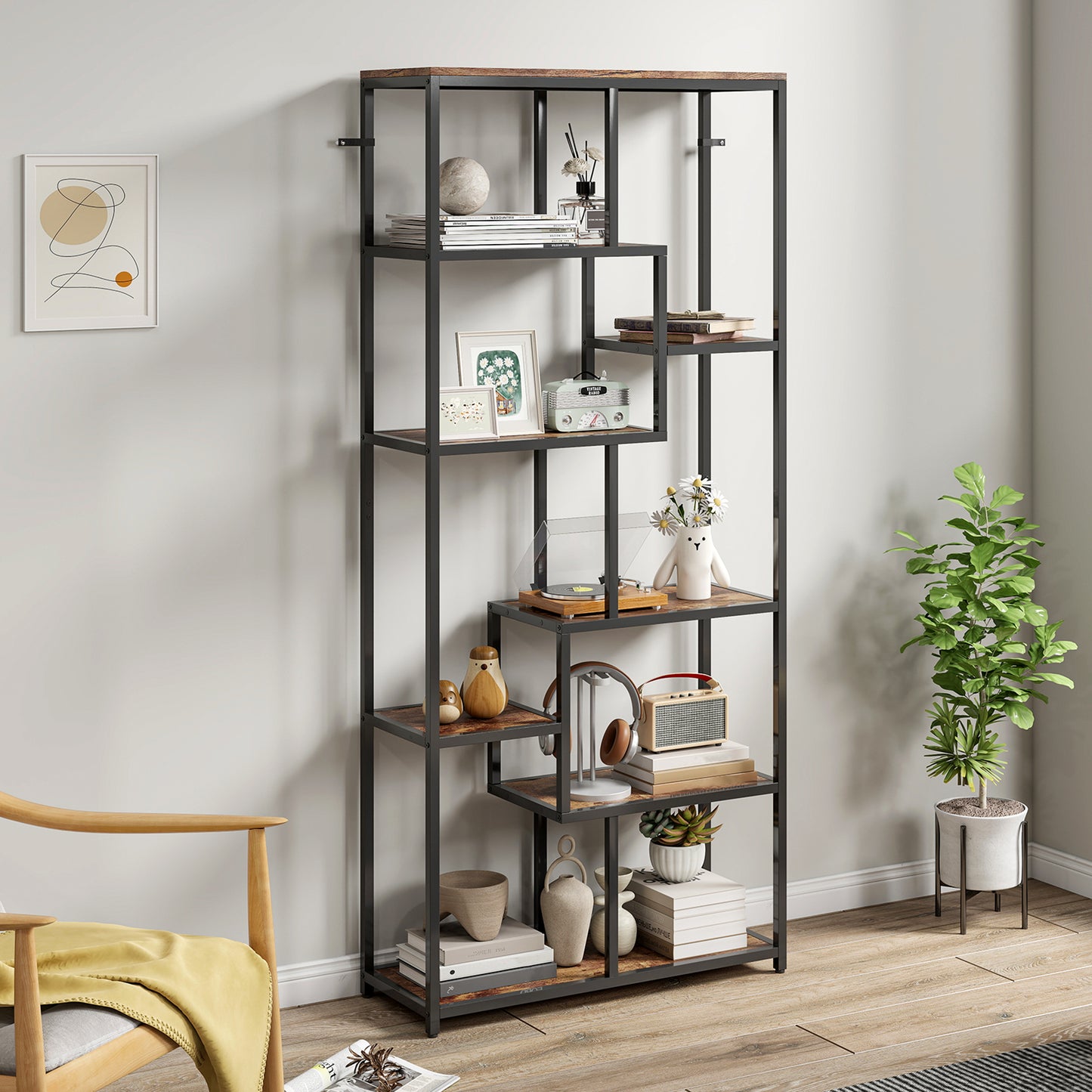 Industrial Bookcase 7-Tier Bookshelf Shelving Unit Rustic Brown Black