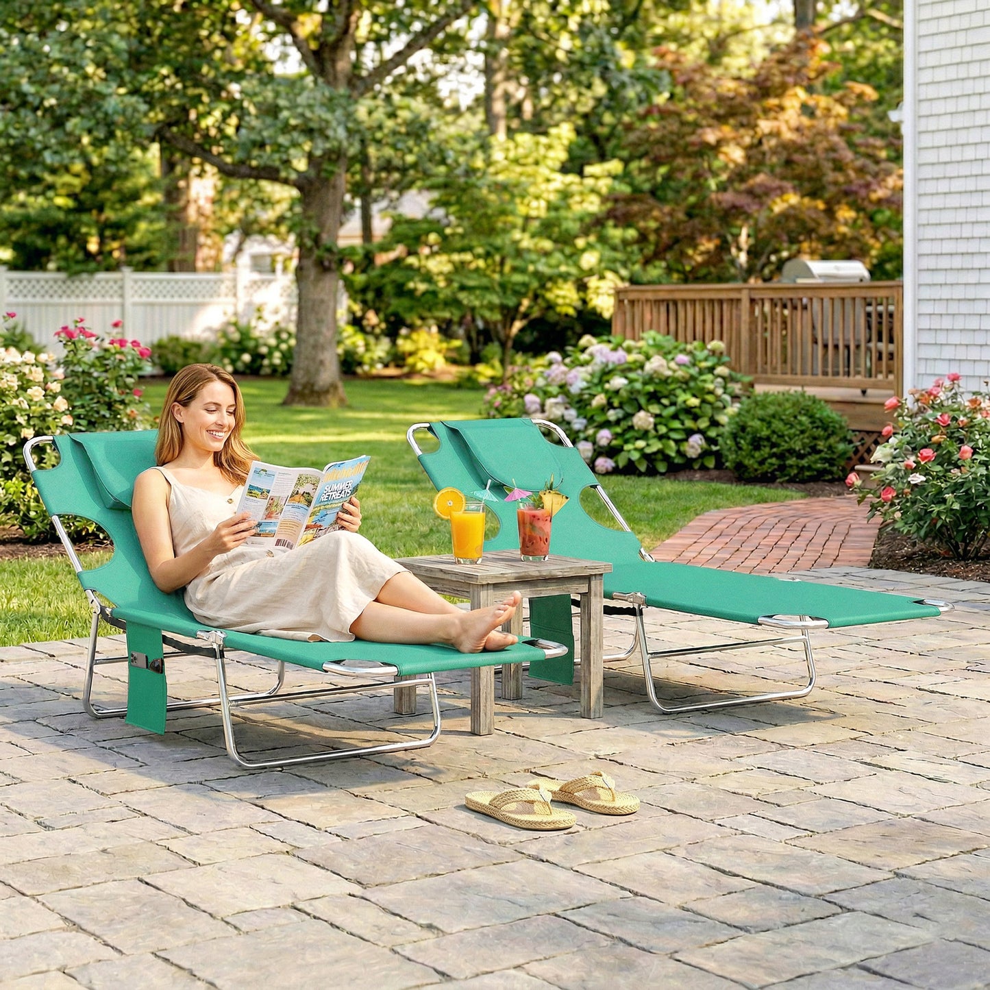 2 Sun Loungers with Reading Hole, Folding Garden Lounger, Green