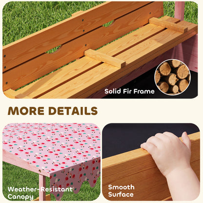 Wooden Sandbox with Lid, Canopy, Seat, Bottom Liner, Pink