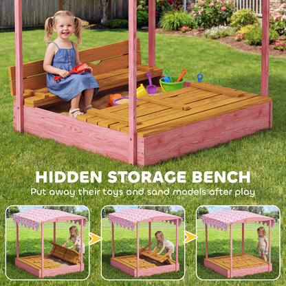 Wooden Sandbox with Lid, Canopy, Seat, Bottom Liner, Pink