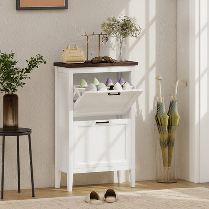 Shoe Cabinet with 2 Flip Drawers, Narrow Shoe Storage Cabinet, White