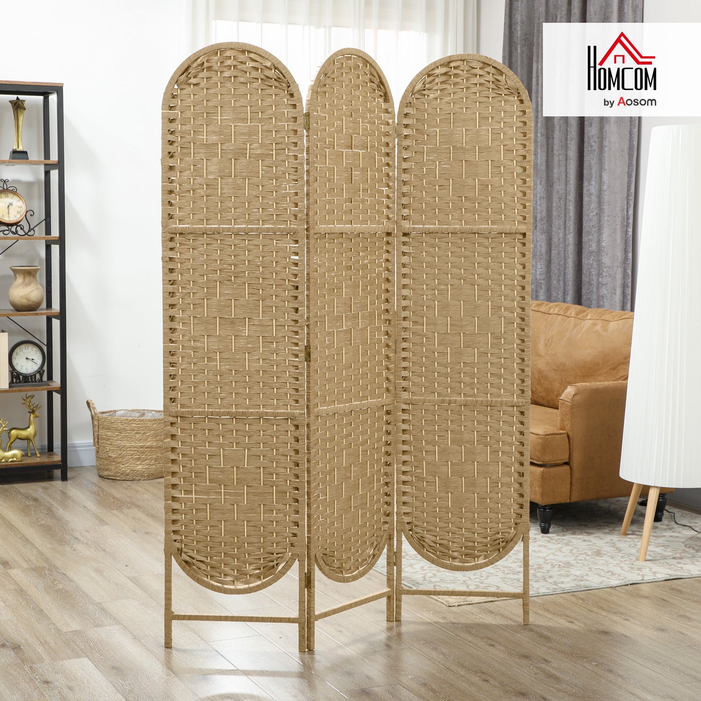 3-Panel Folding Freestanding Privacy Screen, Natural Wood Finish