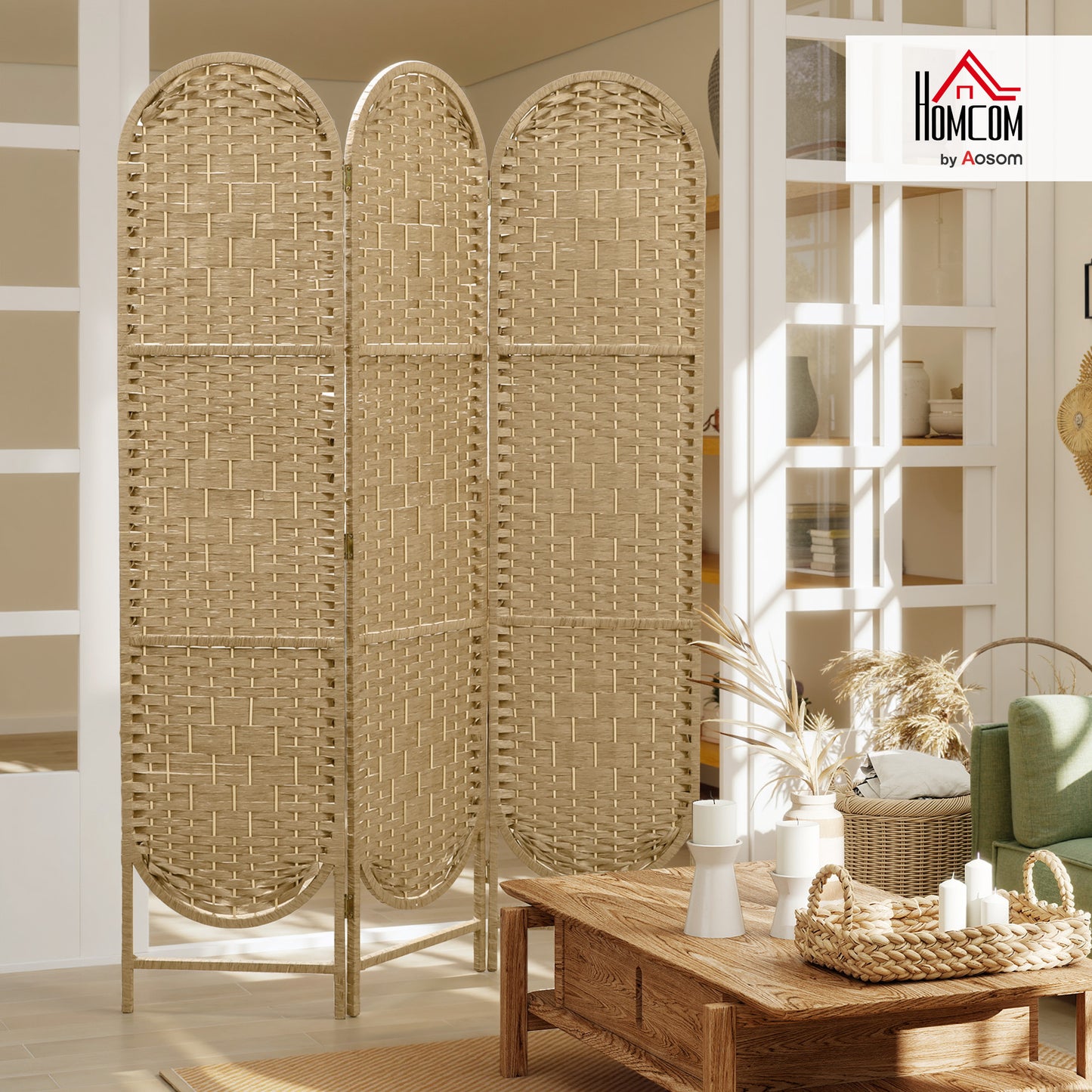 3-Panel Folding Freestanding Privacy Screen, Natural Wood Finish