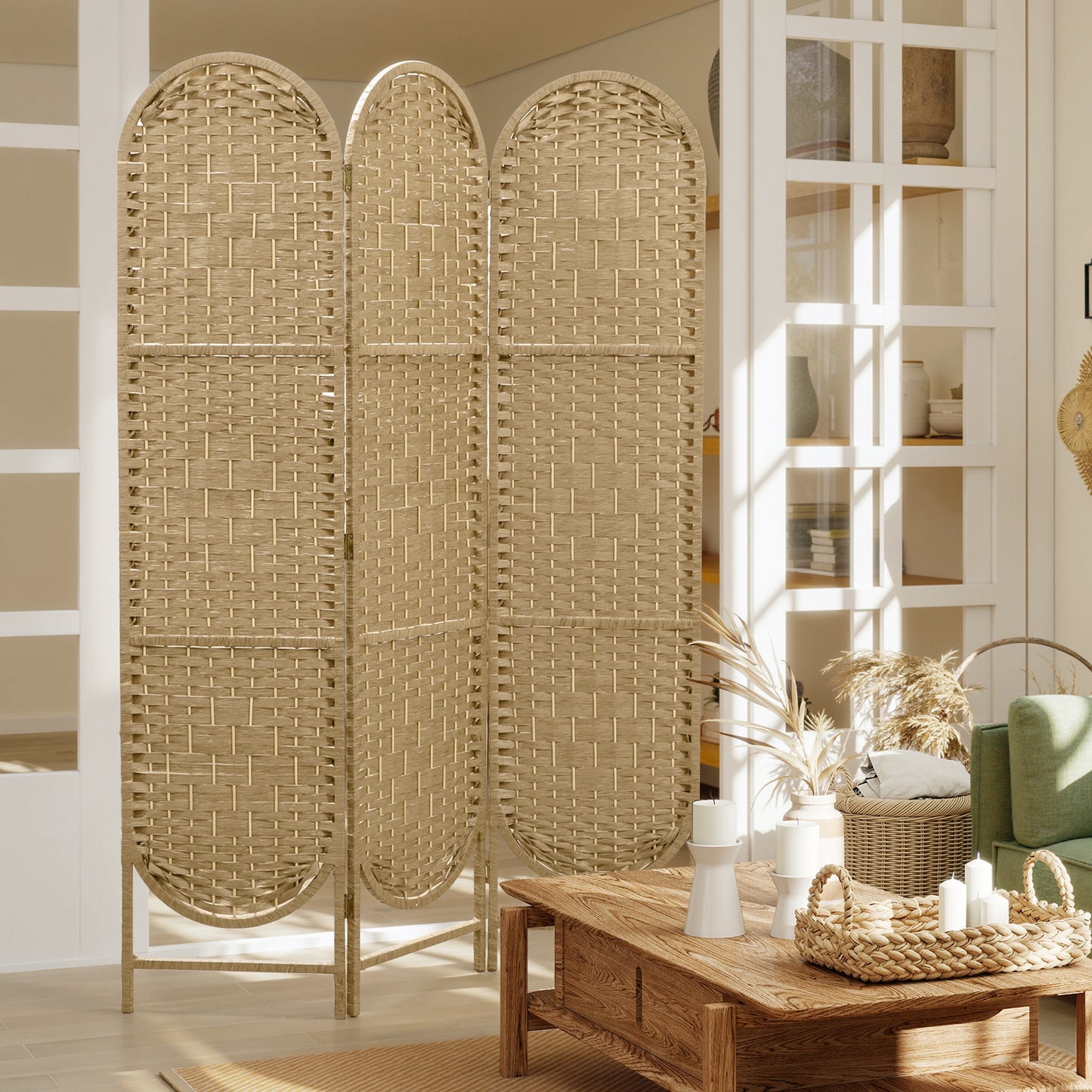 3-Panel Folding Freestanding Privacy Screen, Natural Wood Finish