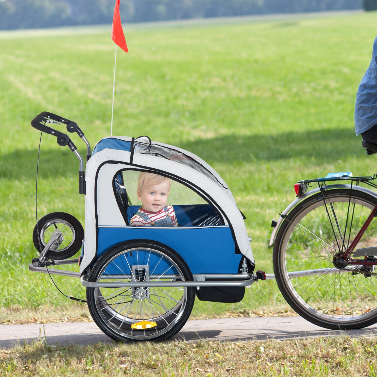 Bike Trailer 2-Seater for Bicycle Baby Child Jogger with Removable Canopy Storage Pocket Outdoor Steel Frame Blue
