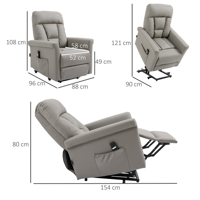 Power Lift Chair, PU Leather Recliner Sofa Chair for Elderly with Remote Control, Side Pocket, Grey