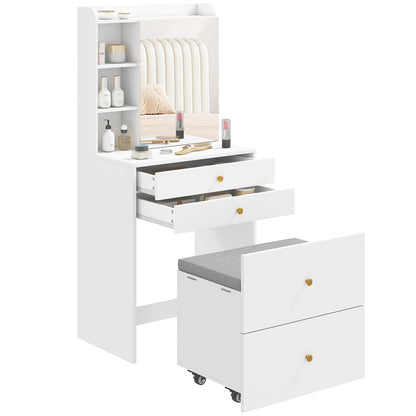 Dressing Table with Mirror and Mobile Storage Stool, Compact Vanity Table with Cabinet, Drawers, Open Shelves, Cushioned Seat, Modern Makeup Vanity Desk for Bedroom, White