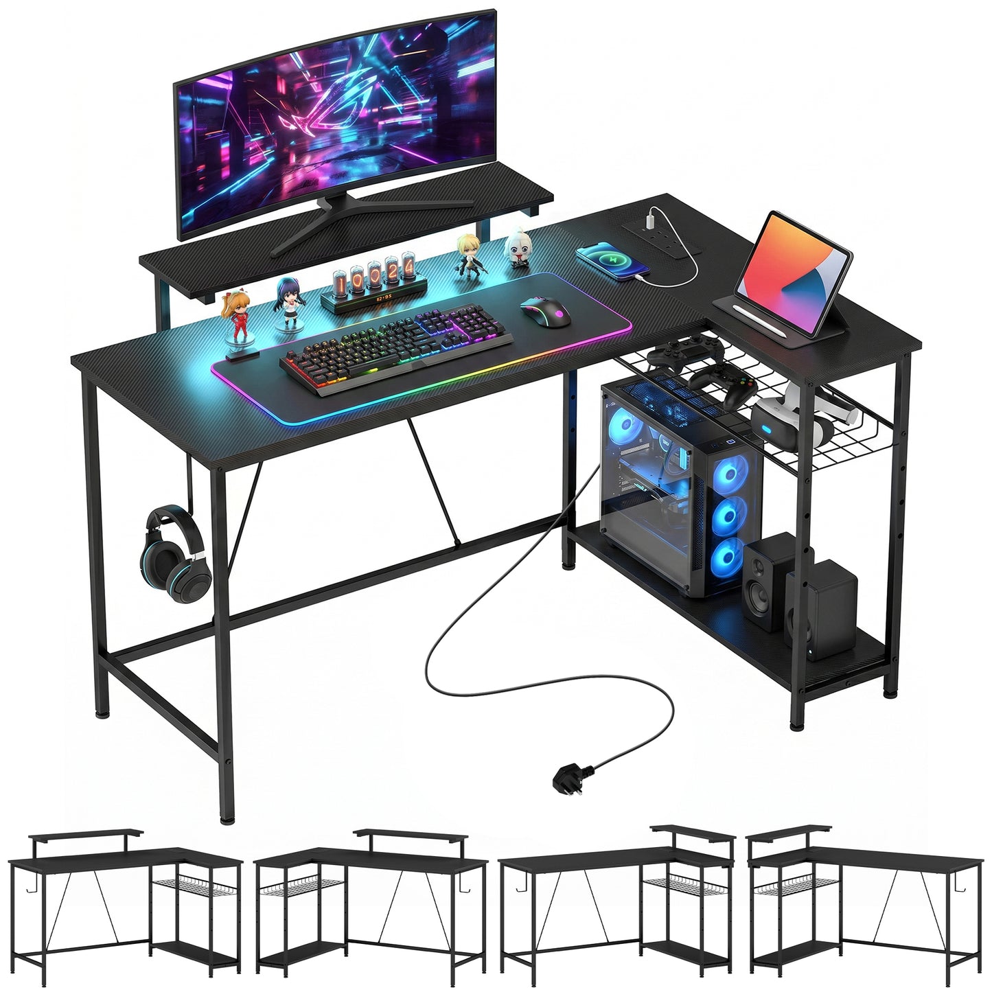 L Shaped Desk with LED Lights and Storage, Black
