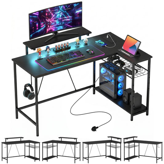 L Shaped Desk with LED Lights and Storage, Black