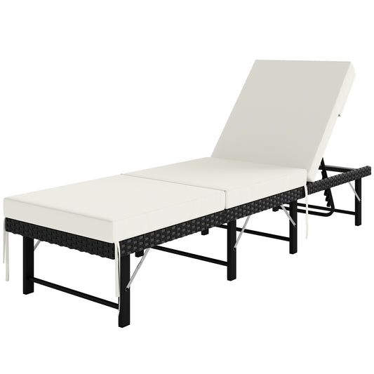 Folding Rattan Sun Lounger with Adjustable Back, Cushion, Black