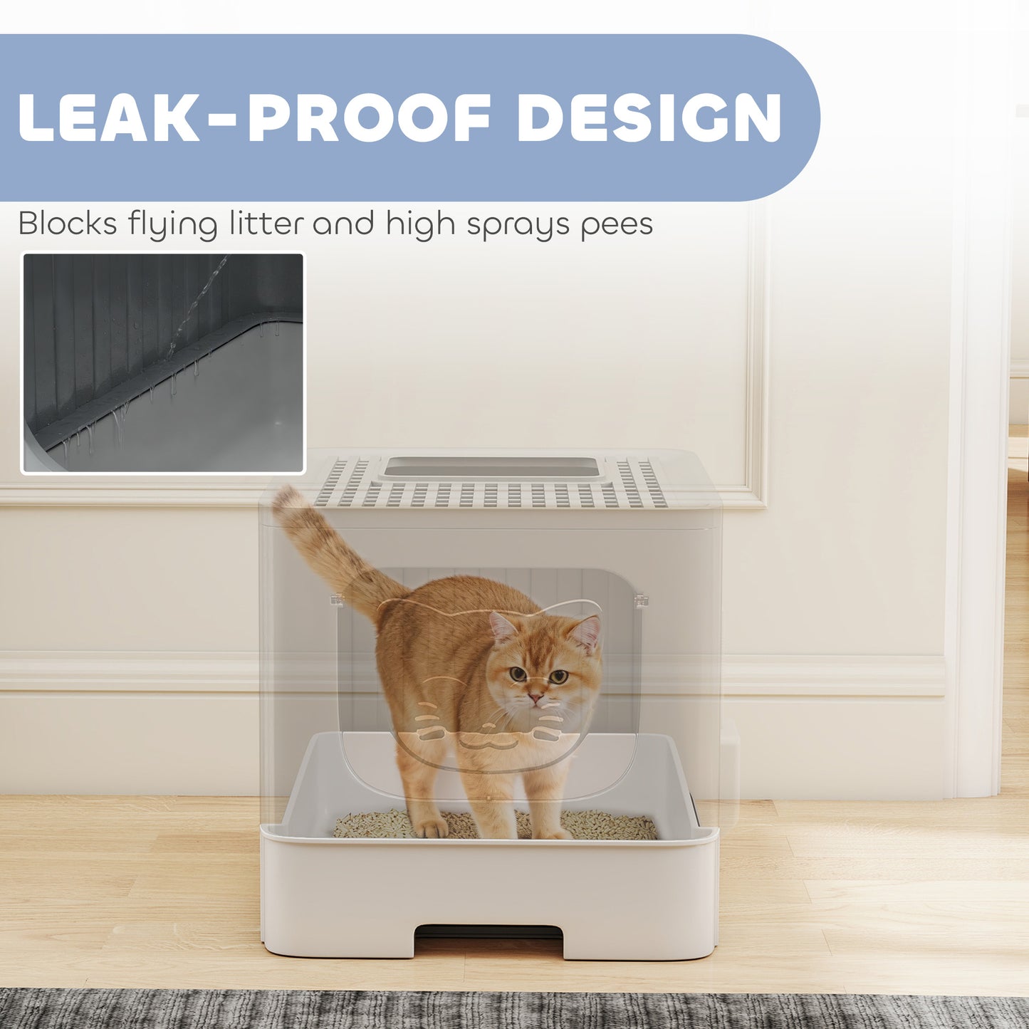 Foldable Cat Litter Box with Lid, Slide-Out Drawer, Grey