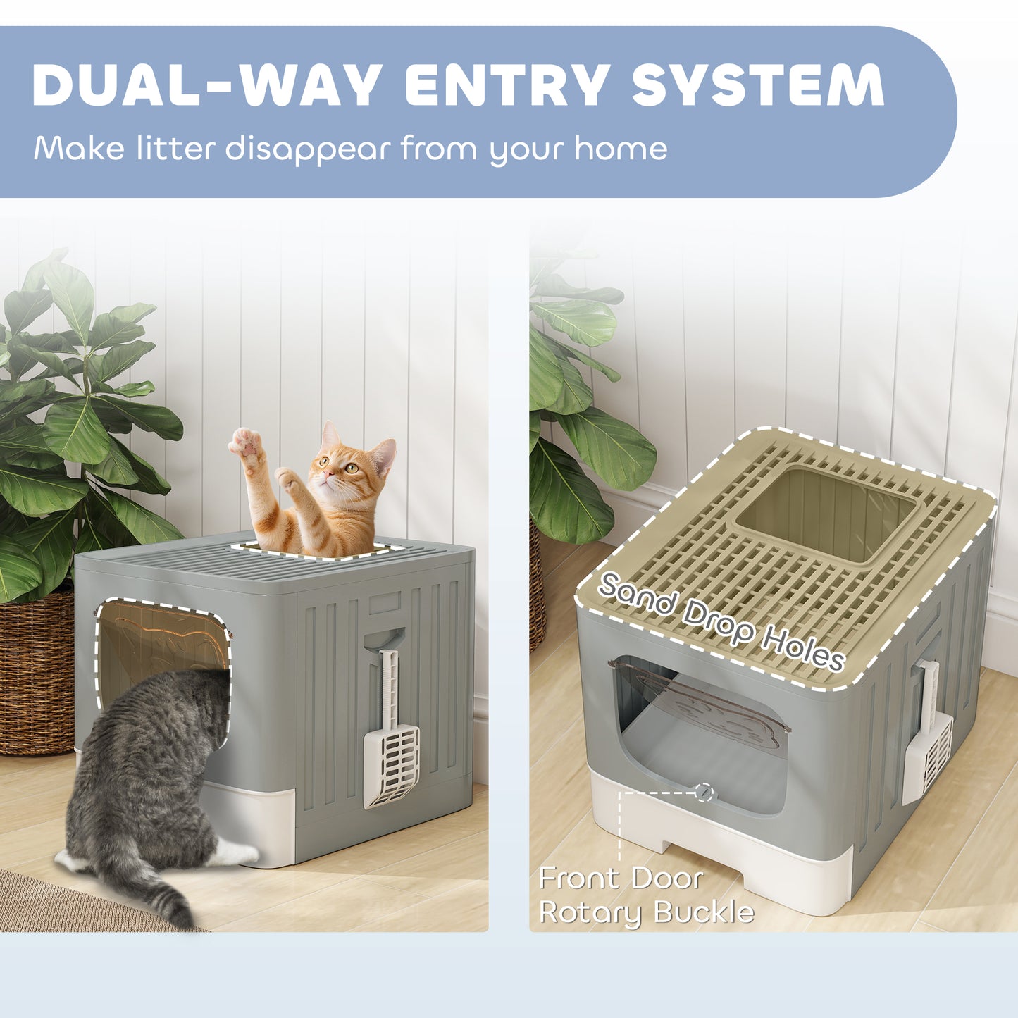 Foldable Cat Litter Box with Lid, Slide-Out Drawer, Grey