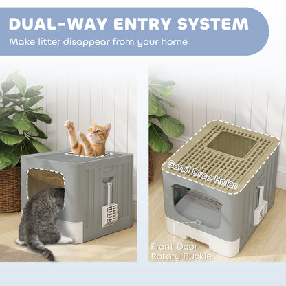 Foldable Cat Litter Box with Lid, Slide-Out Drawer, Grey