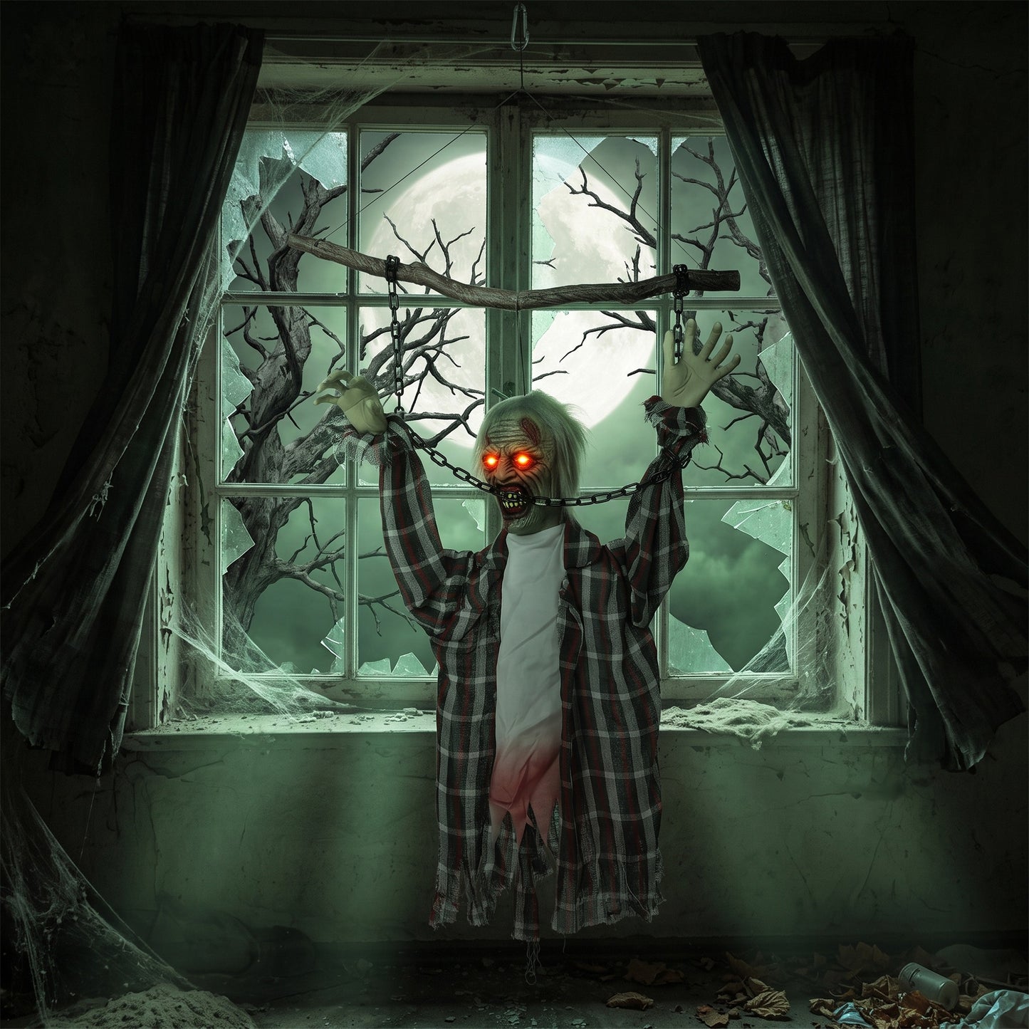 43" Hanging Animated Chained Zombie Halloween Decoration for Scary Garden