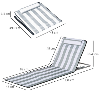2 Pieces Outdoor Beach Mat Steel Reclining Chair Set w/ Pillow Grey