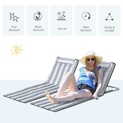 2 Pieces Outdoor Beach Mat Steel Reclining Chair Set w/ Pillow Grey
