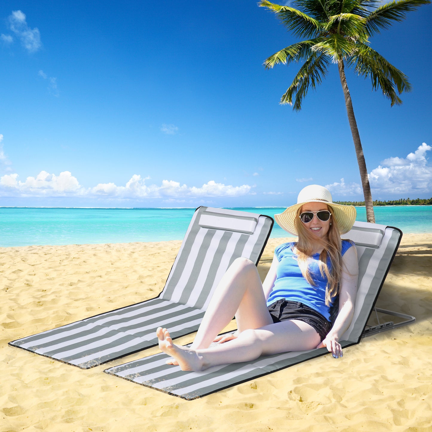 2 Pieces Outdoor Beach Mat Steel Reclining Chair Set w/ Pillow Grey