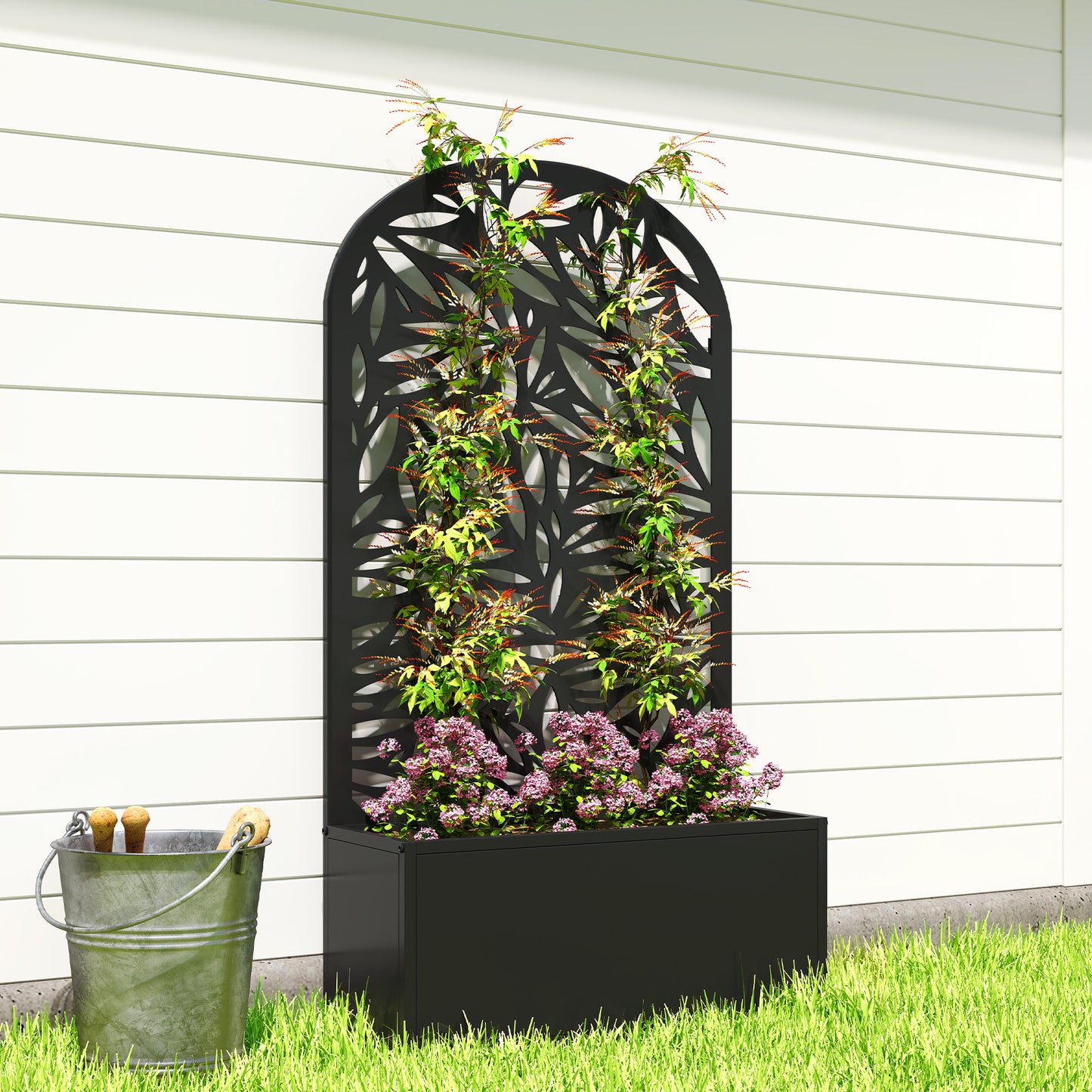 Metal Raised Garden Bed with Trellis, Outdoor Elevated Planter Box