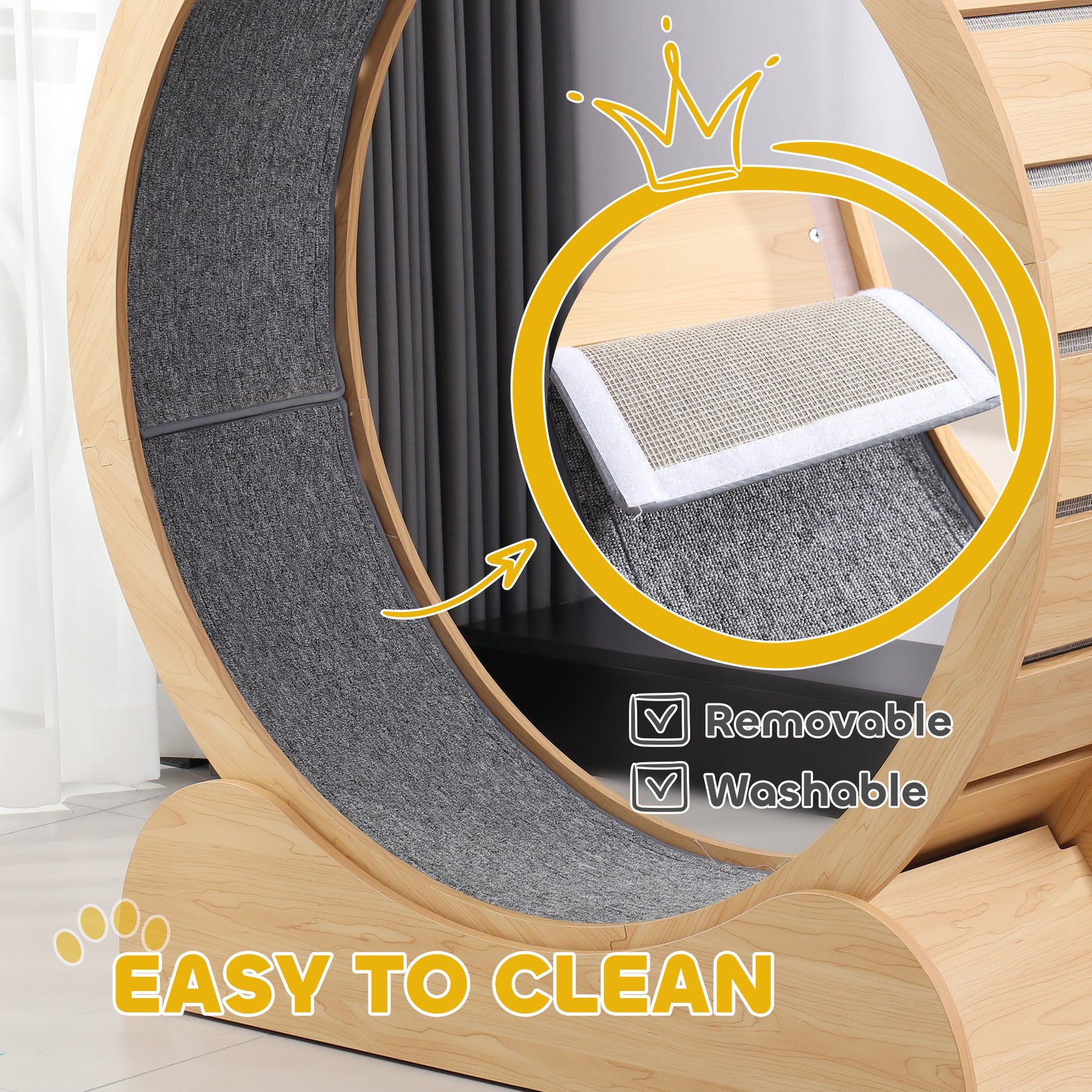 Cat Treadmill, 39.4" Wooden Cat Running Wheel with Brake, Natural