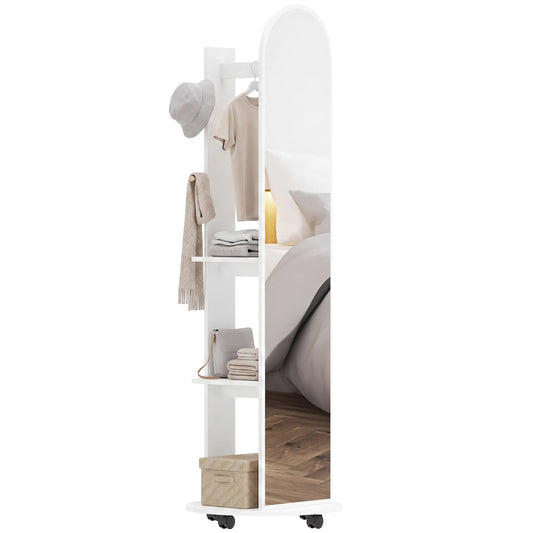 2-in-1 Full Length Mirror with Storage Shelves, Floor Mirror with 4 Universal Wheels, Coat Rack, 4 Hooks, Space-Saving Freestanding Organiser for Bedroom, Living Room, White