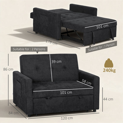 2 Seater Sofa Bed Convertible Bed Settee with Pillows, Black