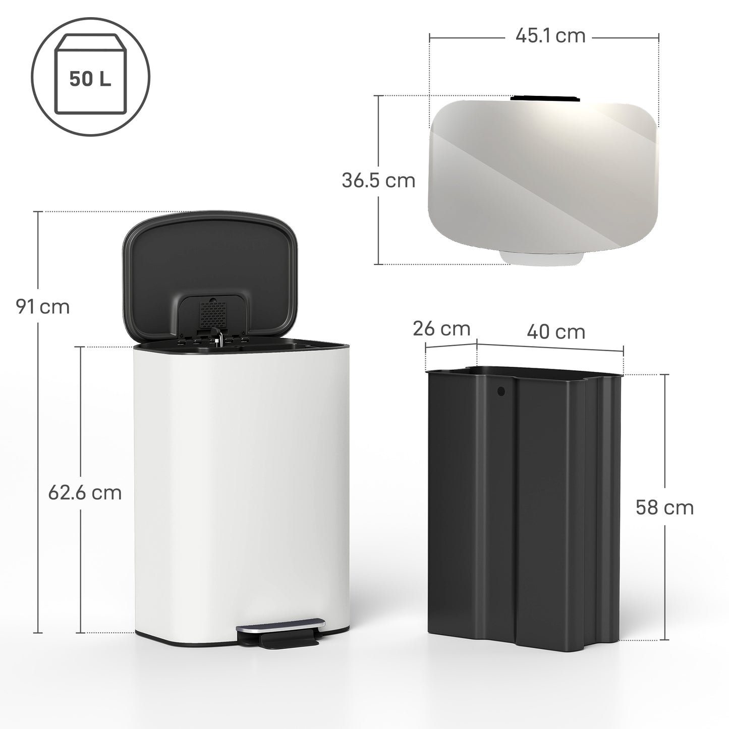 Pedal Bin with Soft-Close Lid, 50L Kitchen Bin with Carry Handle Cream