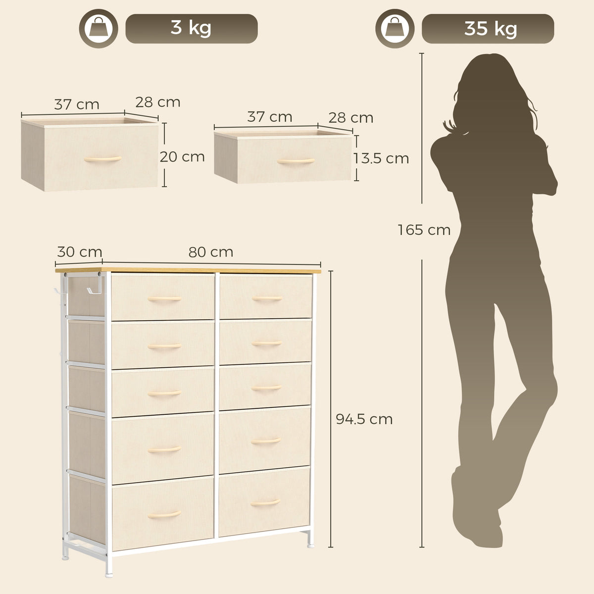 Fabric Chest of Drawers, 10 Drawer Dresser for Bedroom, Beige