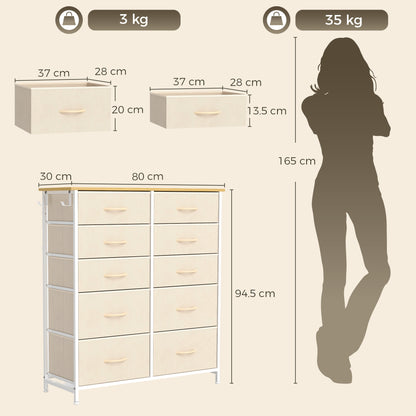 Fabric Chest of Drawers, 10 Drawer Dresser for Bedroom, Beige