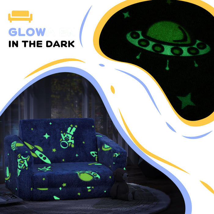 2 in 1 Kids Chair Bed with Glow in The Dark Cosmic Design, Blue