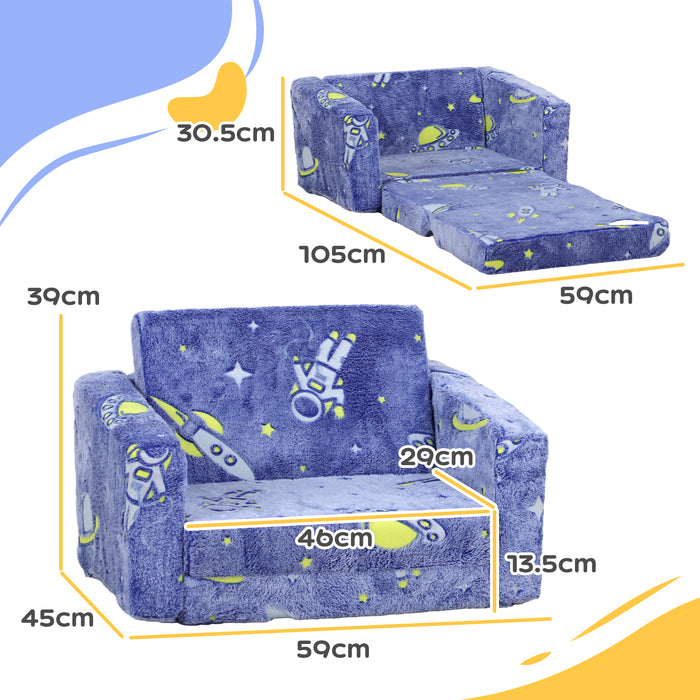 2 in 1 Kids Chair Bed with Glow in The Dark Cosmic Design, Blue