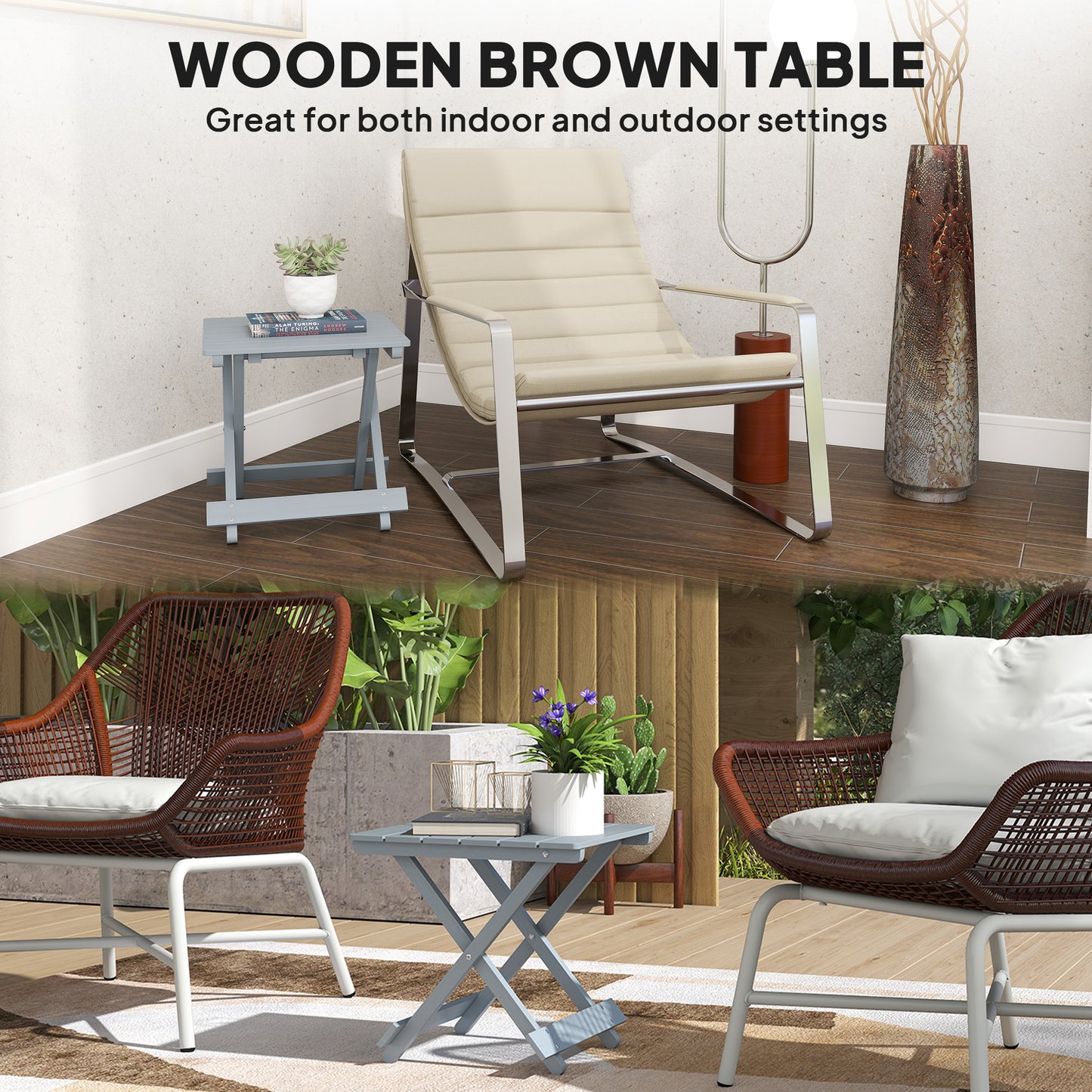 Wooden Folding Garden Table, Folding Side Table, Grey