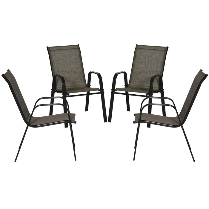 4 Piece Stackable Outdoor Garden Dining Chairs with High Backrest and Armrest, Breathable Mesh Fabric, Mixed Brown