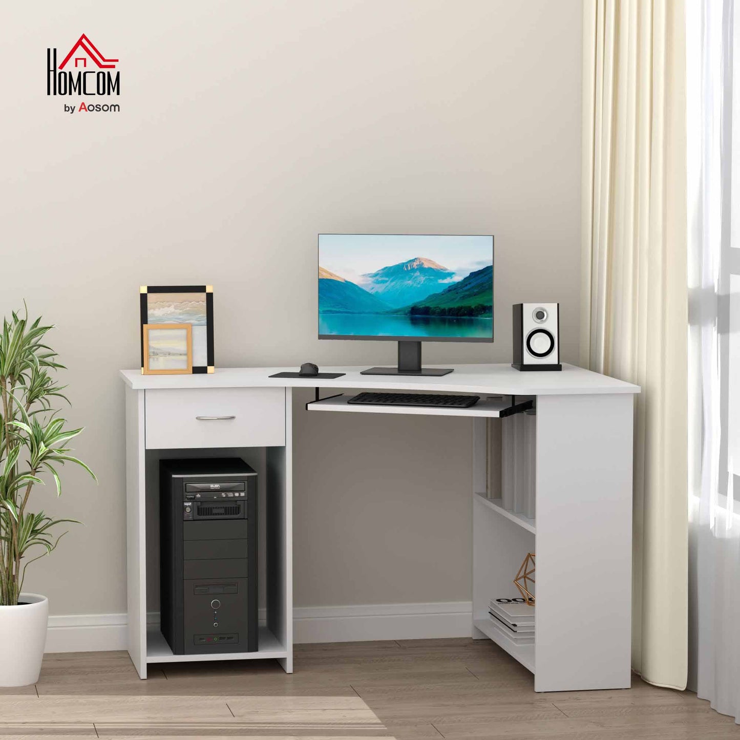 L-Shaped Corner Computer Desk w/ 2 Shelves Worktop Keyboard Tray White