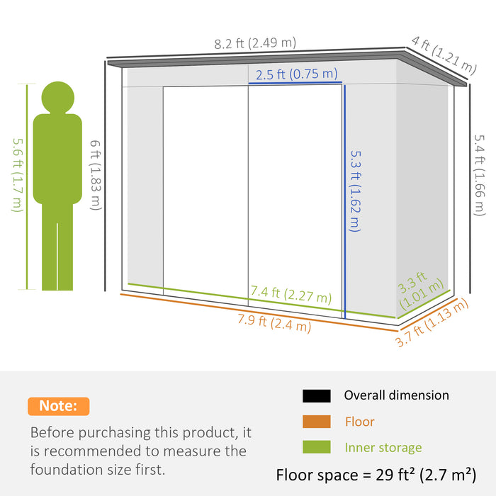 8 x 4FT Galvanised Garden Storage Shed, Metal Outdoor Shed with Double Doors and 2 Vents, Green