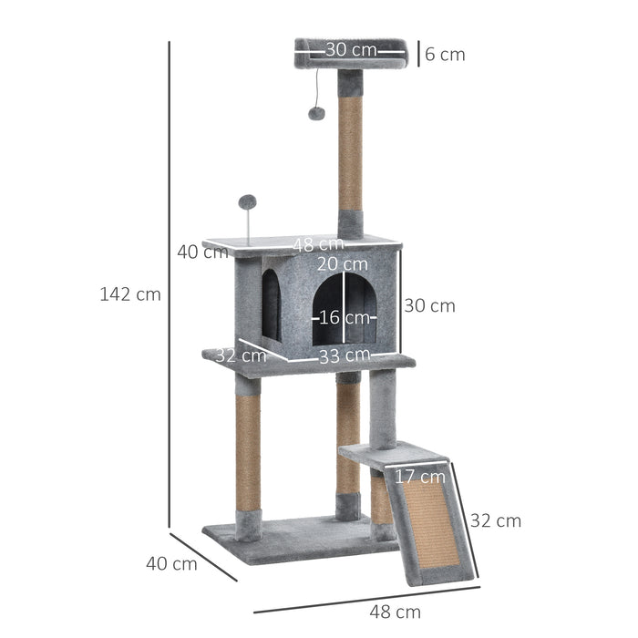 Cat Tree Tower 142cm Climbing Kitten Activity Center with Jute Scratching Post Board Perch Roomy Condo Removable Felt Hanging Toy, Grey