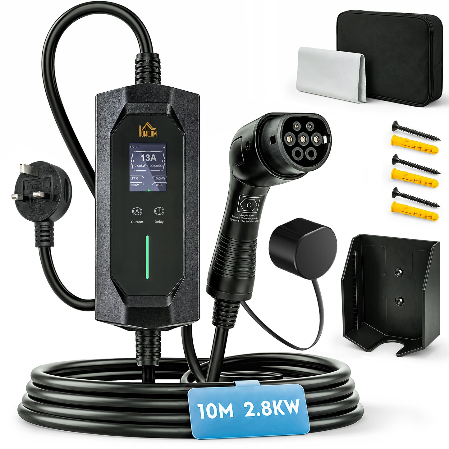 EV Charger Type 2 to 3 Pin UK Plug, 10 m, 2.8 kW, 6/8/10/13 A, IP65 Electric Car Charger Type 2 Charging Cable with 1-12 h Time Delay/Duration, LCD Screen, Bag for EVs, PHEVs for Home/Travel
