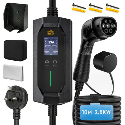 EV Charger Type 2 to 3 Pin UK Plug, 10 m, 2.8 kW, 6/8/10/13 A, IP65 Electric Car Charger Type 2 Charging Cable with 1-12 h Time Delay/Duration, LCD Screen, Bag for EVs, PHEVs for Home/Travel