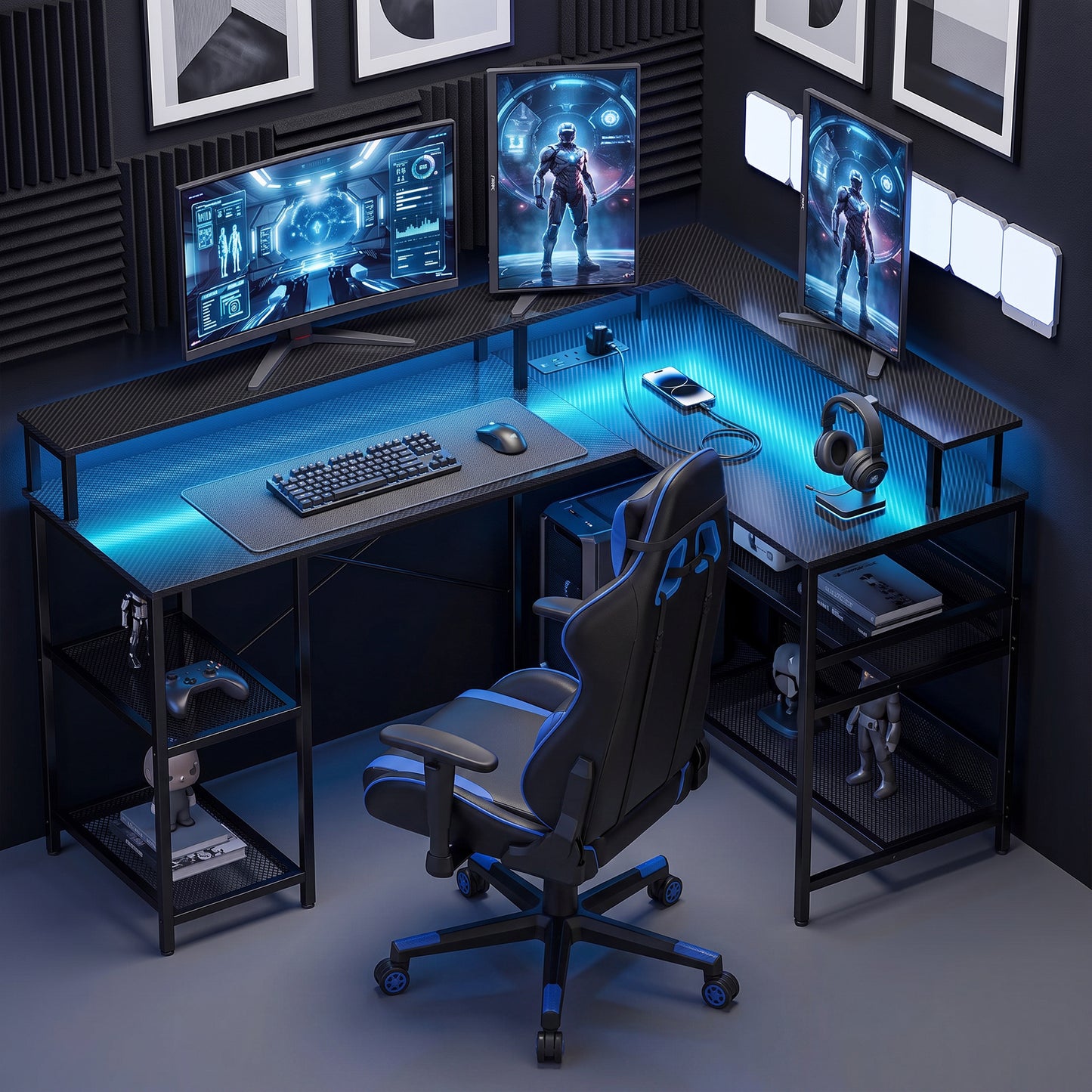 L Shaped Gaming Desk w/ LED Lights and Power Outlets, Black