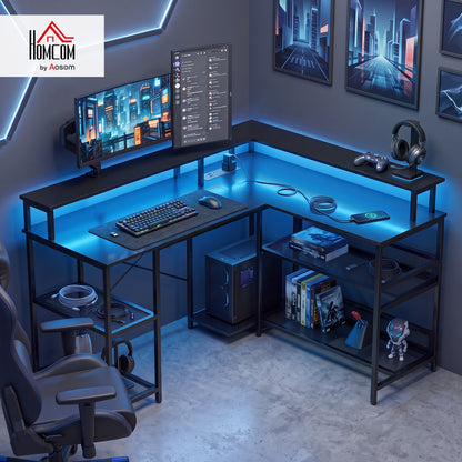 L Shaped Gaming Desk w/ LED Lights and Power Outlets, Black