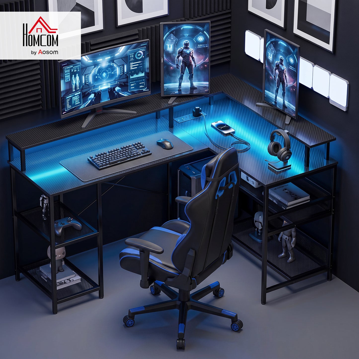 L Shaped Gaming Desk w/ LED Lights and Power Outlets, Black