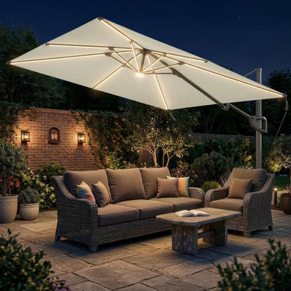 3 x 3 m Garden Cantilever Parasol w/ Light, Cover, Wind Protection