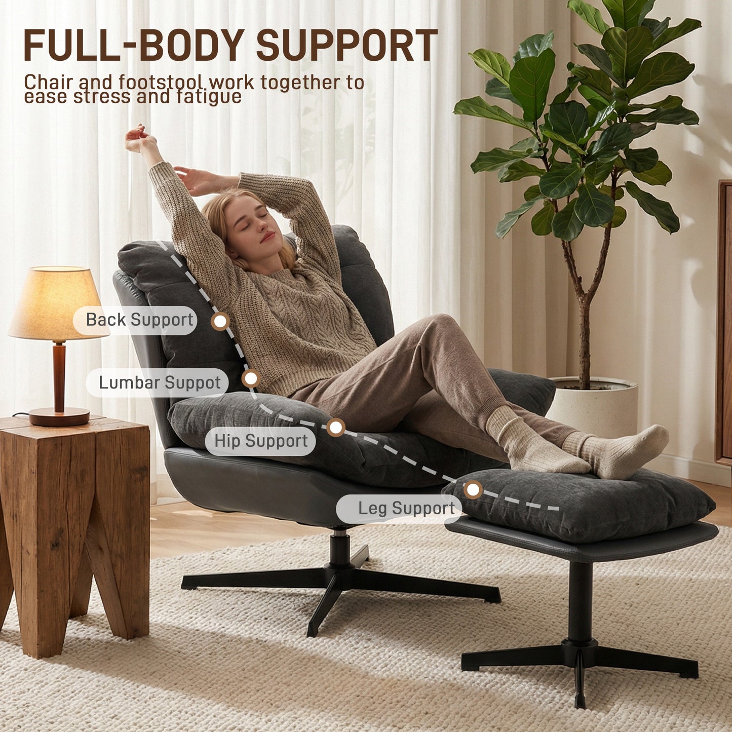 Accent Chair with Footstool, Modern Swivel Lounge Chair, Dark Grey
