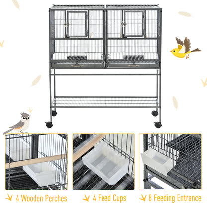 Wide Large Metal Bird Cage for Finch Canaries Parakeets Cockatiels with Rolling Stand, Removable Metal Tray, Storage Shelf, Wood Perch