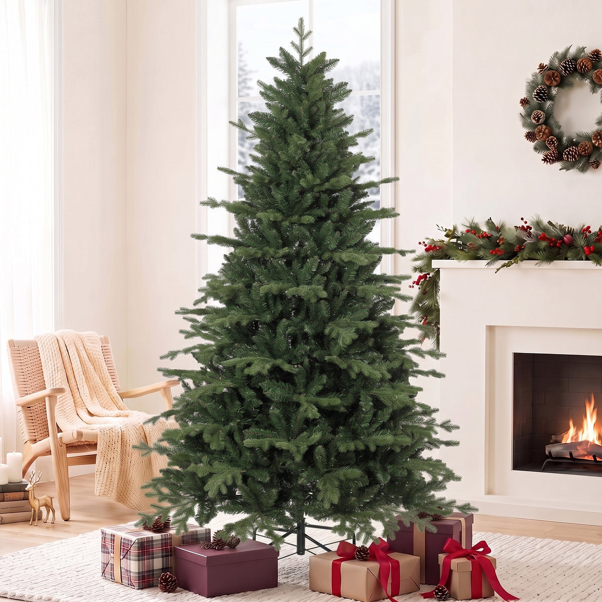 7 Ft Artificial Christmas Tree with Metal Base, Hinged Branches
