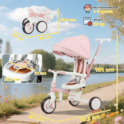 5 in 1 Foldable Kids Trike, Toddler Tricycle for 1-3 Years, Pink