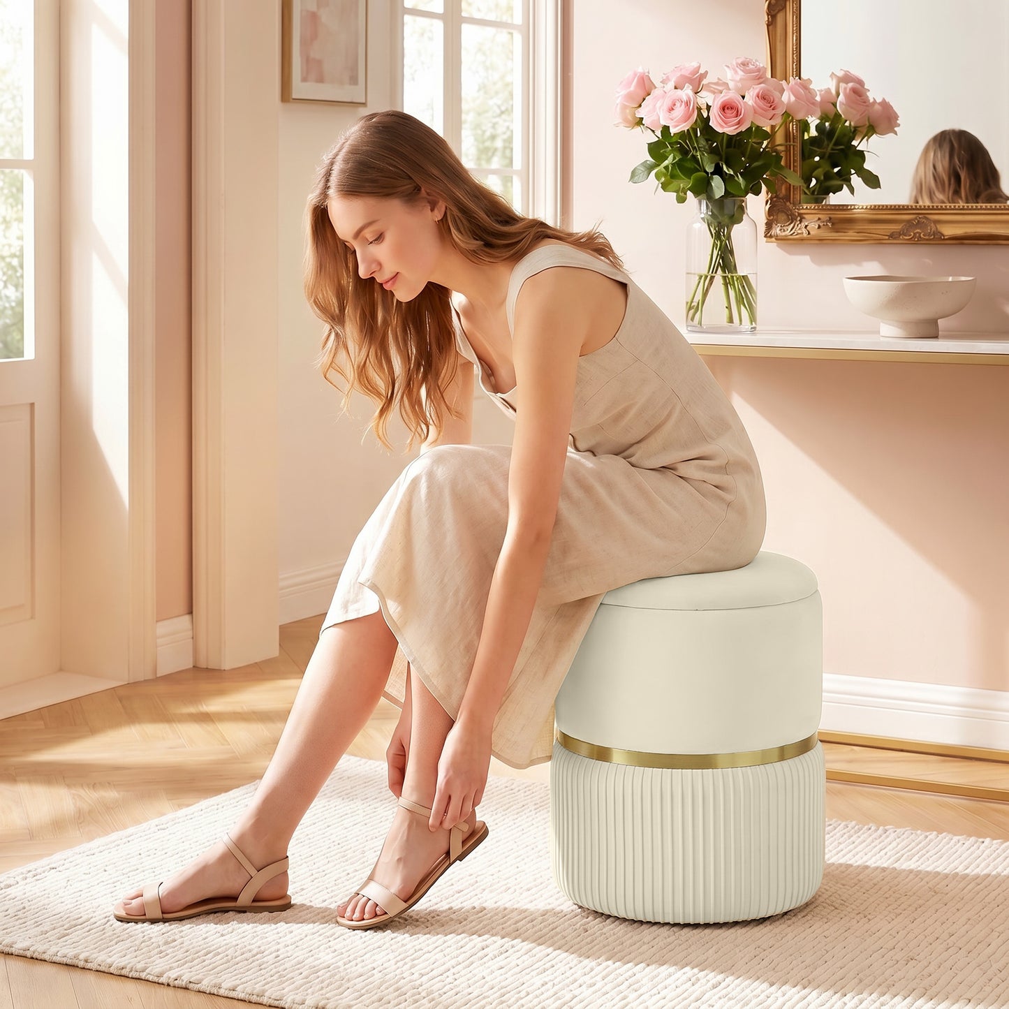 Round Storage Stool, Velvet-feel Fabric Upholstered Vanity Stool with Removable Top, Padded Seat and Hidden Space for Living Room, Bedroom, Beige