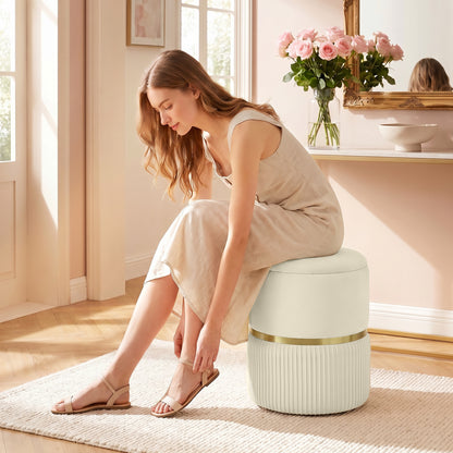 Round Storage Stool, Velvet-feel Fabric Upholstered Vanity Stool with Removable Top, Padded Seat and Hidden Space for Living Room, Bedroom, Beige