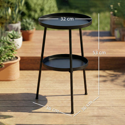 Patio Side Table, 2-Tier Round Coffee End Table, Black