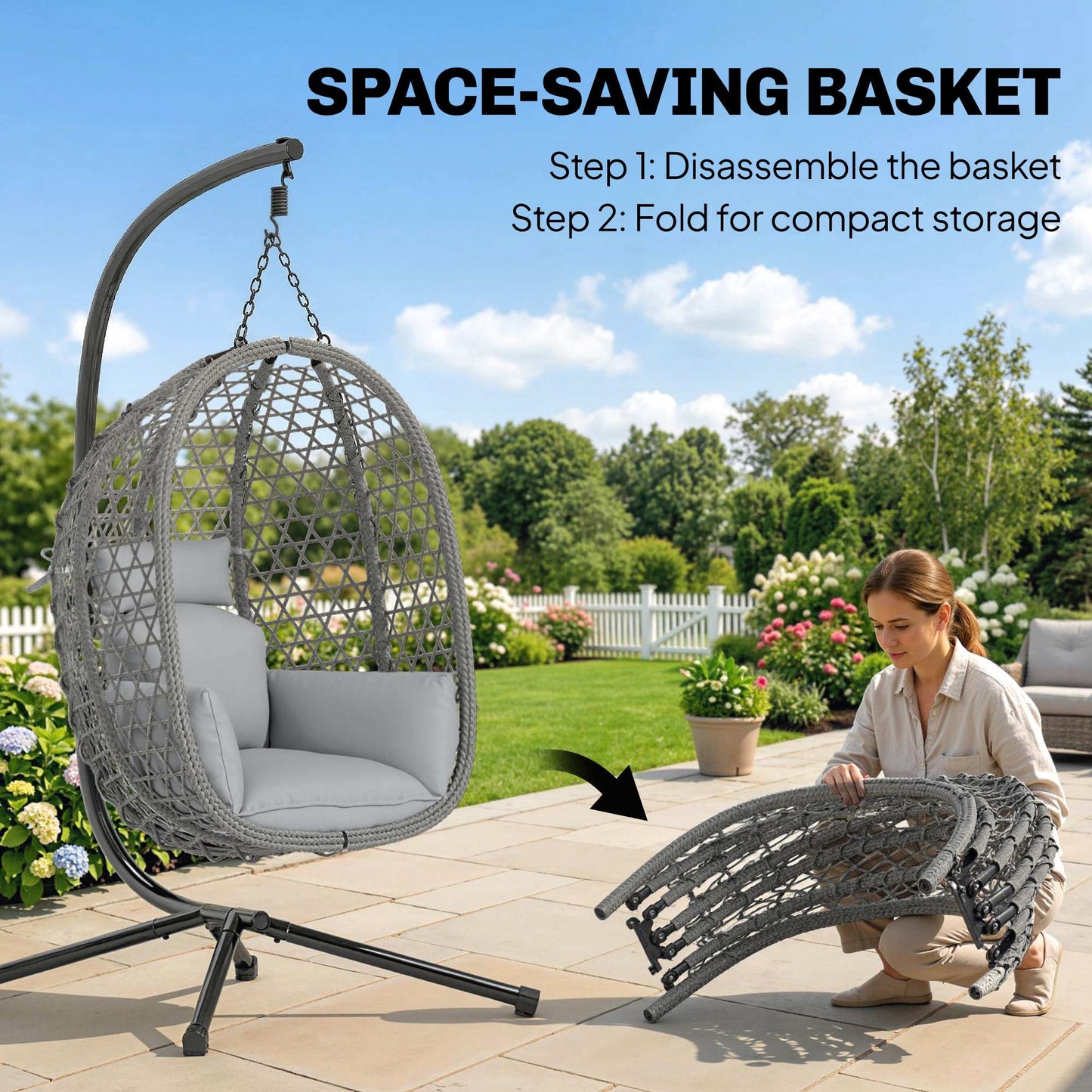 Hanging Egg Chair, Rattan Swing Chair with Stand, Dark Grey